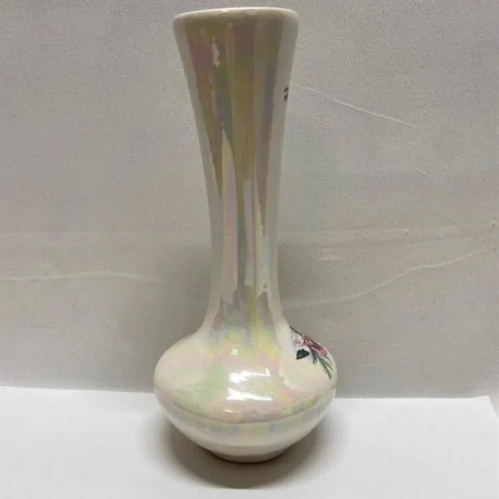 Hawaii Flower Vase Pearl Iridescent Ceramic Purple Hawaiin Iris Orchid‎ 7.5